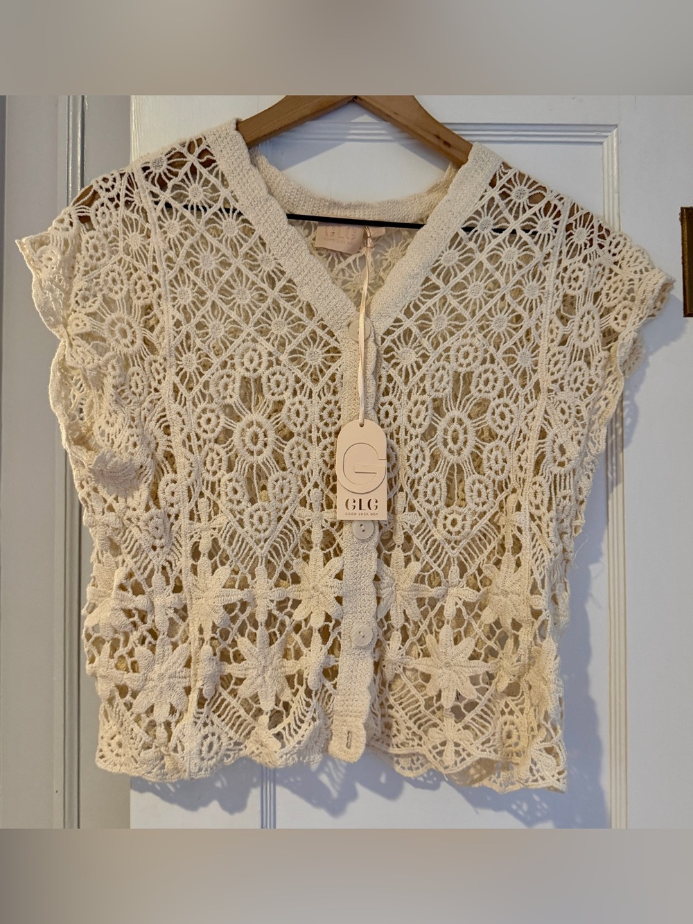 Good Luck Gem Cream Crochet Lace Short Sleeve Top